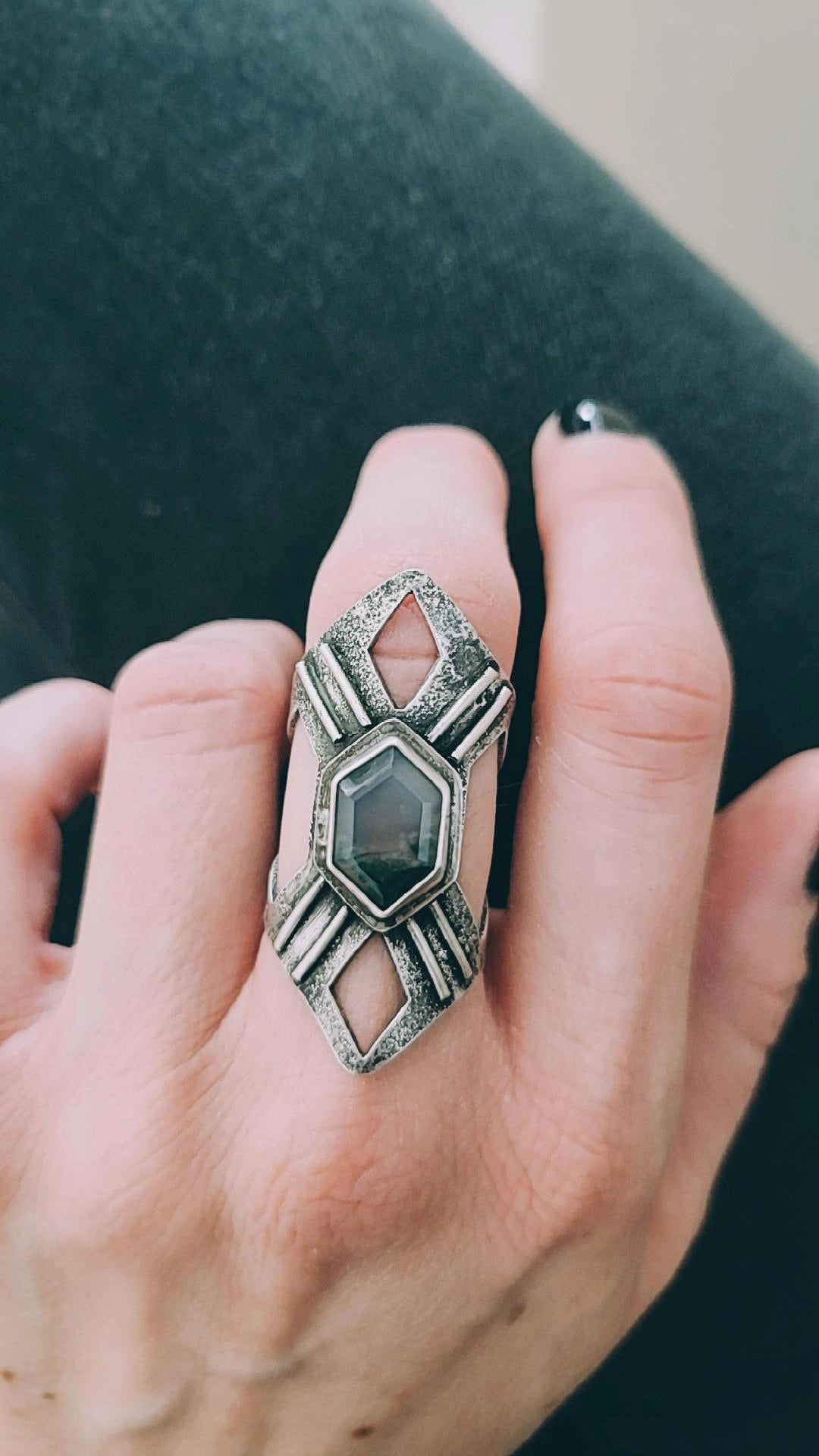 Moss Agate Shield Ring
